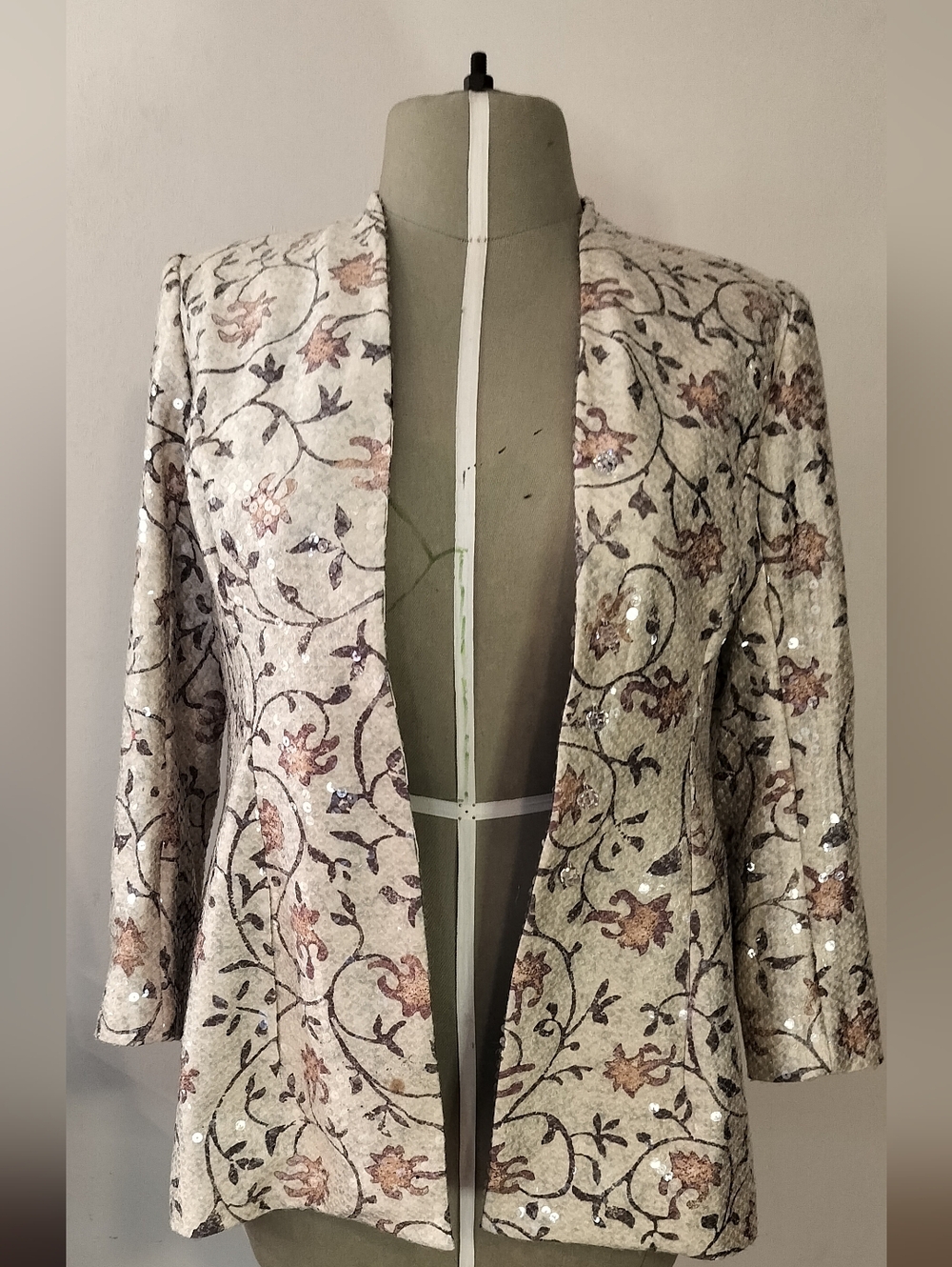 Peggy Jennings Cream Sequin Floral Open Blazer